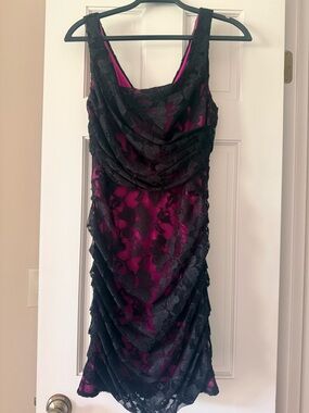 Express black lace ruched dress with a fuchsia/hot pink lining